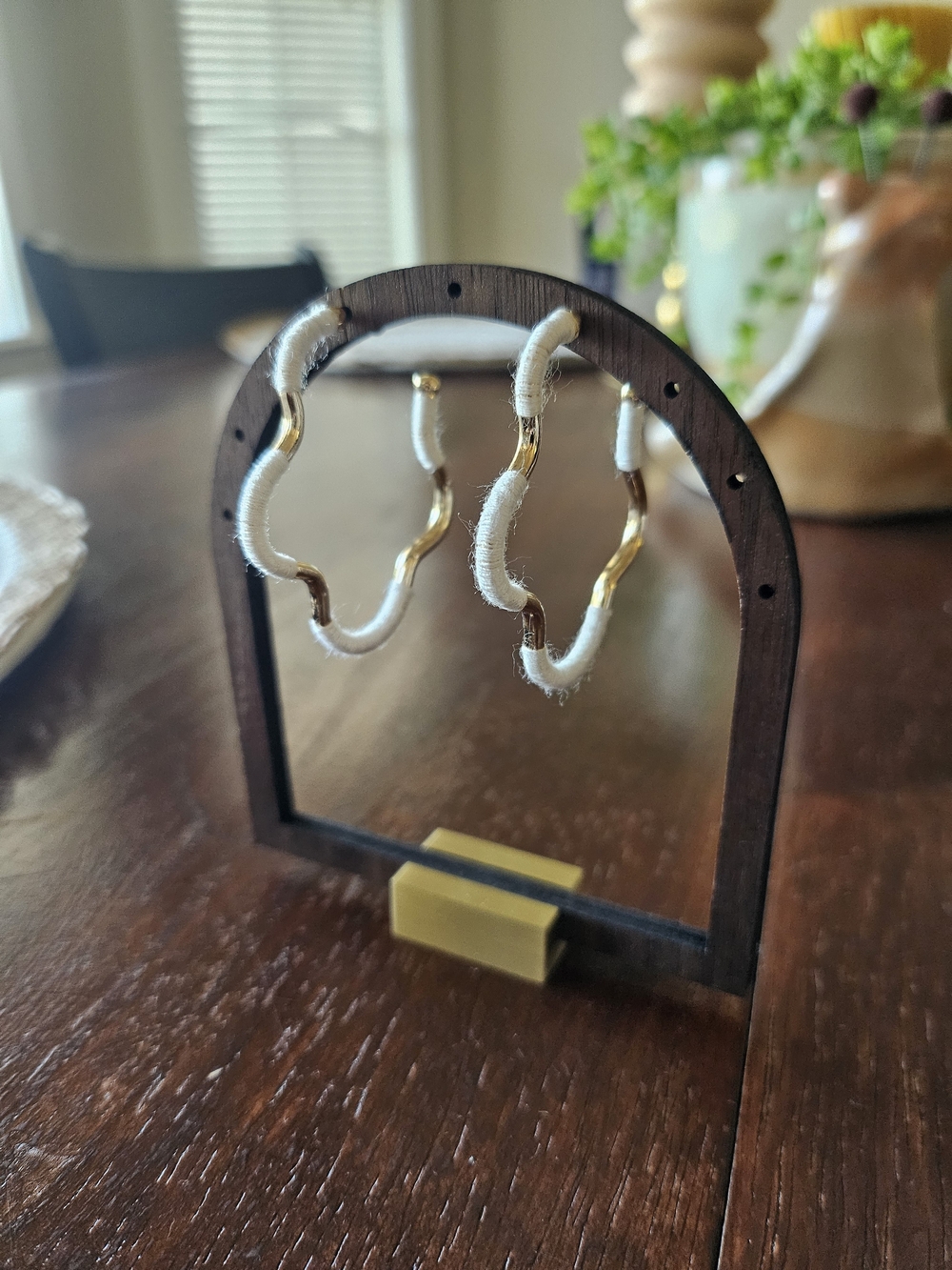 Gold Wavy Hoop Earrings with White Thread Wrap